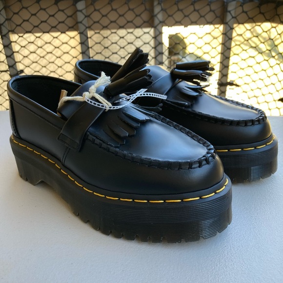 Dr. Martens Adrian Quad Bex Smooth Black Leather Tassel Fringe Platform Loafers - Picture 3 of 17